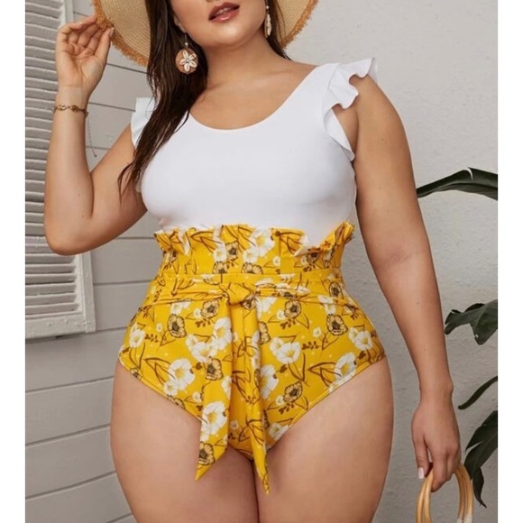 Ruffle‎ One Piece White & Yellow Swimsuit Floral High Waist 0XL - Picture 1 of 4